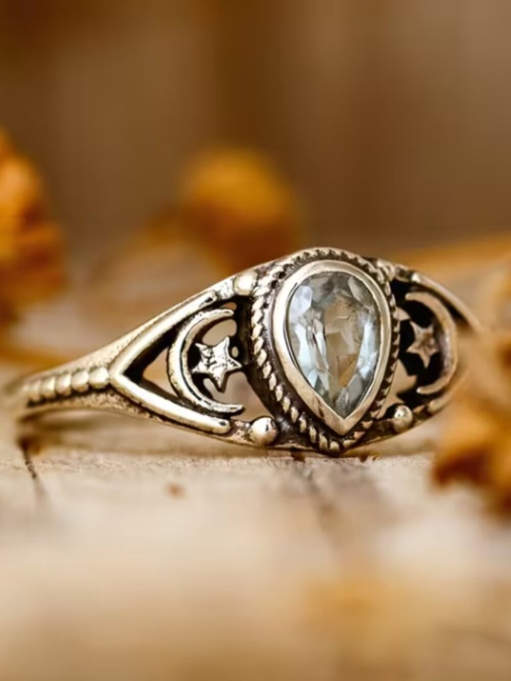 Aquamarine Crescent Moon and Star Ring w/ a pear-shaped stone